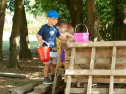 Pre-school children playing with buckets in the garden at Juniors Day Nursery.